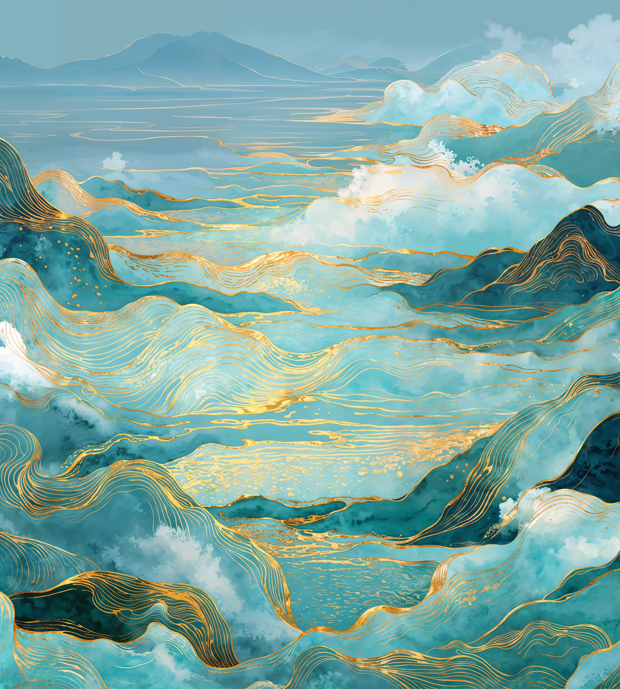 Artistic depiction of mountains and clouds with gold accents