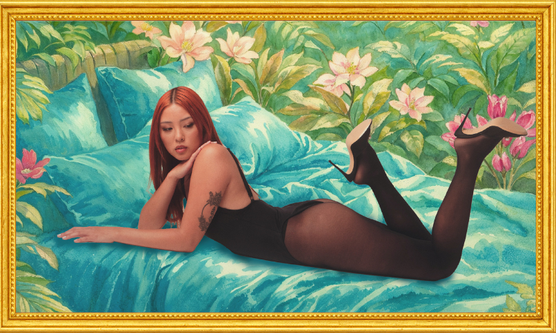 Woman lying on a bed with watercolor floral background, framed with gold border